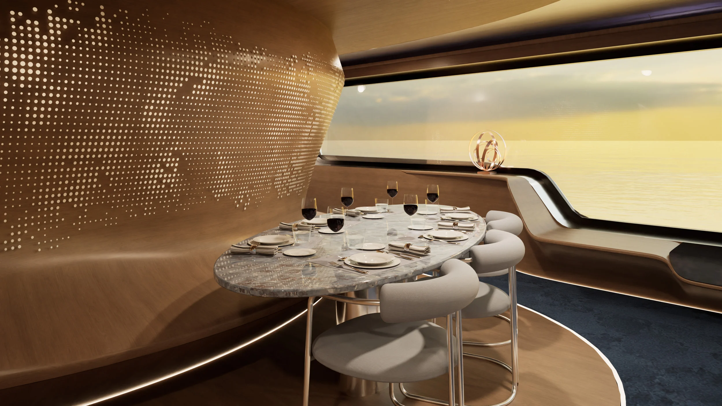 Render of an oval stone dining table set for dinner beside a long window onto the sea – Morricone Reloaded, Flexplorer 146, 2026 – yacht interior design competition