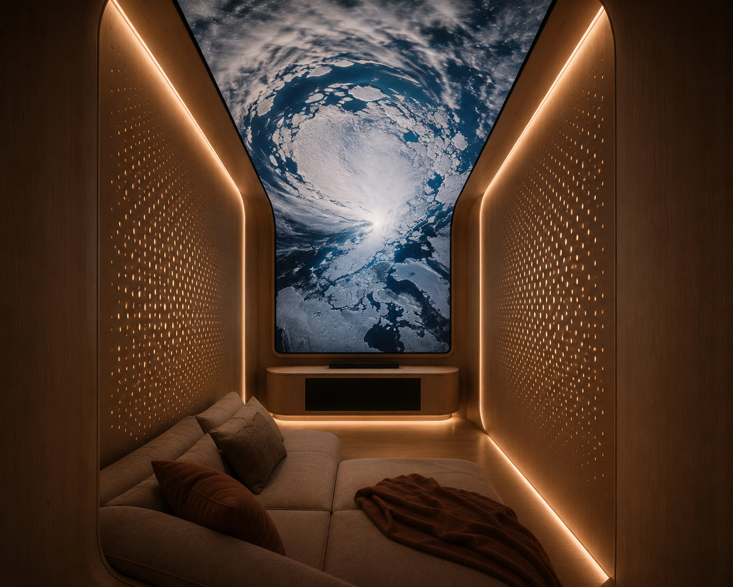 Render of a cinema lounge: deep sofa between backlit perforated walls, ceiling screen showing Earth from space – Morricone Reloaded, Flexplorer 146, 2026 – yacht interior design competition