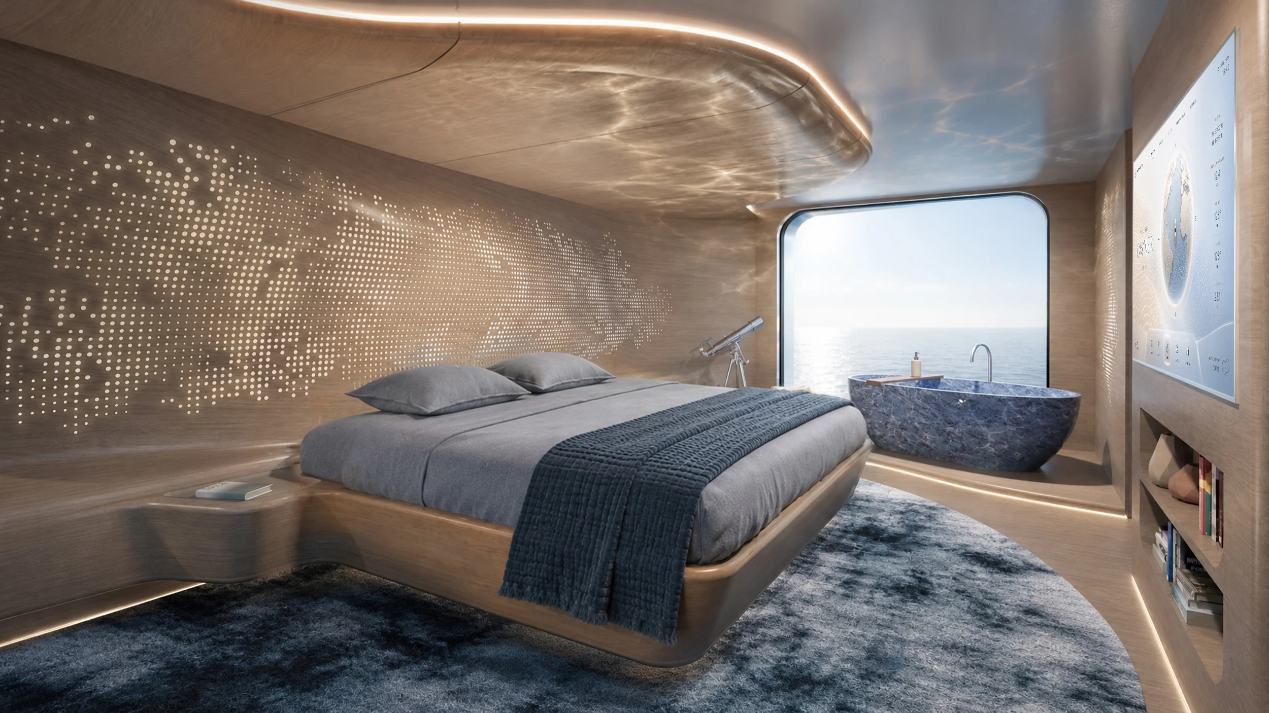 Render of the owner's cabin by day: bed, dotted backlit wall and stone bathtub by a wide sea window – Morricone Reloaded, Flexplorer 146, 2026 – yacht interior design competition