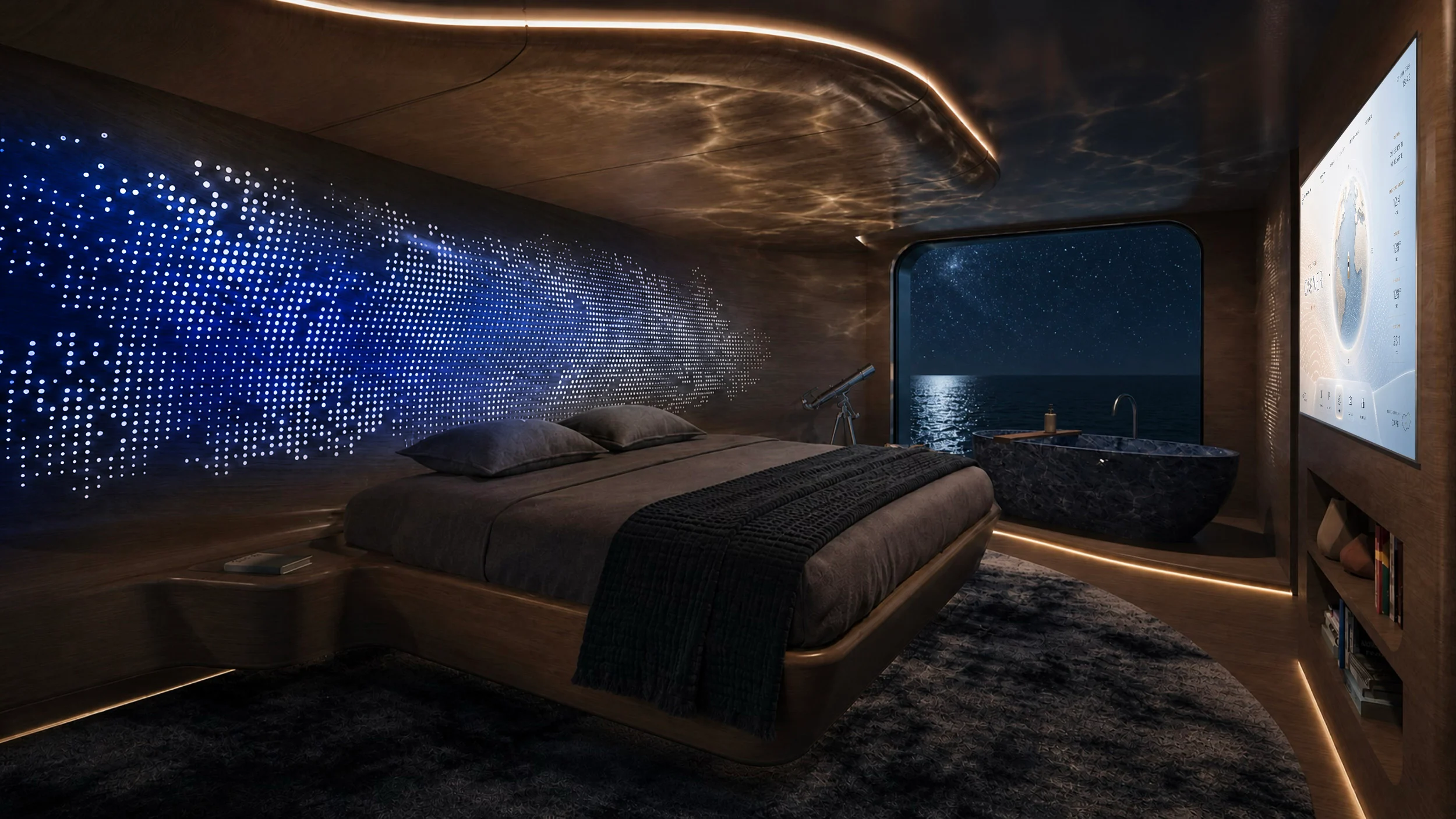 Render of the owner's cabin at night, the perforated wall glowing blue and moonlight on the sea – Morricone Reloaded, Flexplorer 146, 2026 – yacht interior design competition