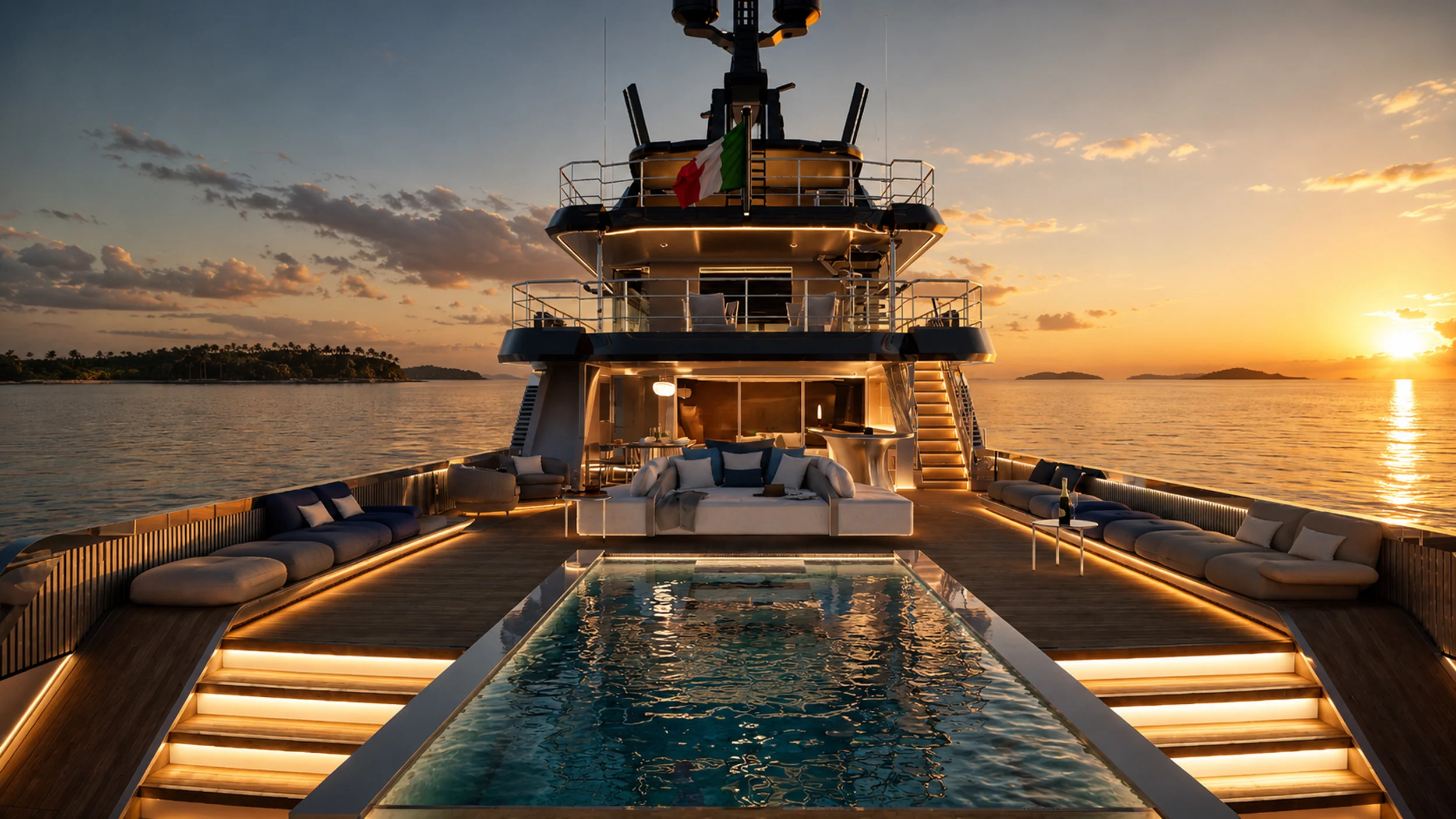 Render of the aft deck at sunset looking forward: lit pool, side sofas and stepped superstructure – Morricone Reloaded, Flexplorer 146, 2026 – yacht interior design competition