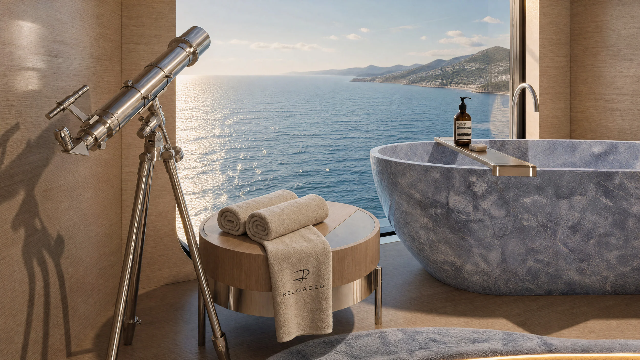 Render detail of a stone bathtub and brass telescope by a window overlooking the sea and coastline – Morricone Reloaded, Flexplorer 146, 2026 – yacht interior design competition