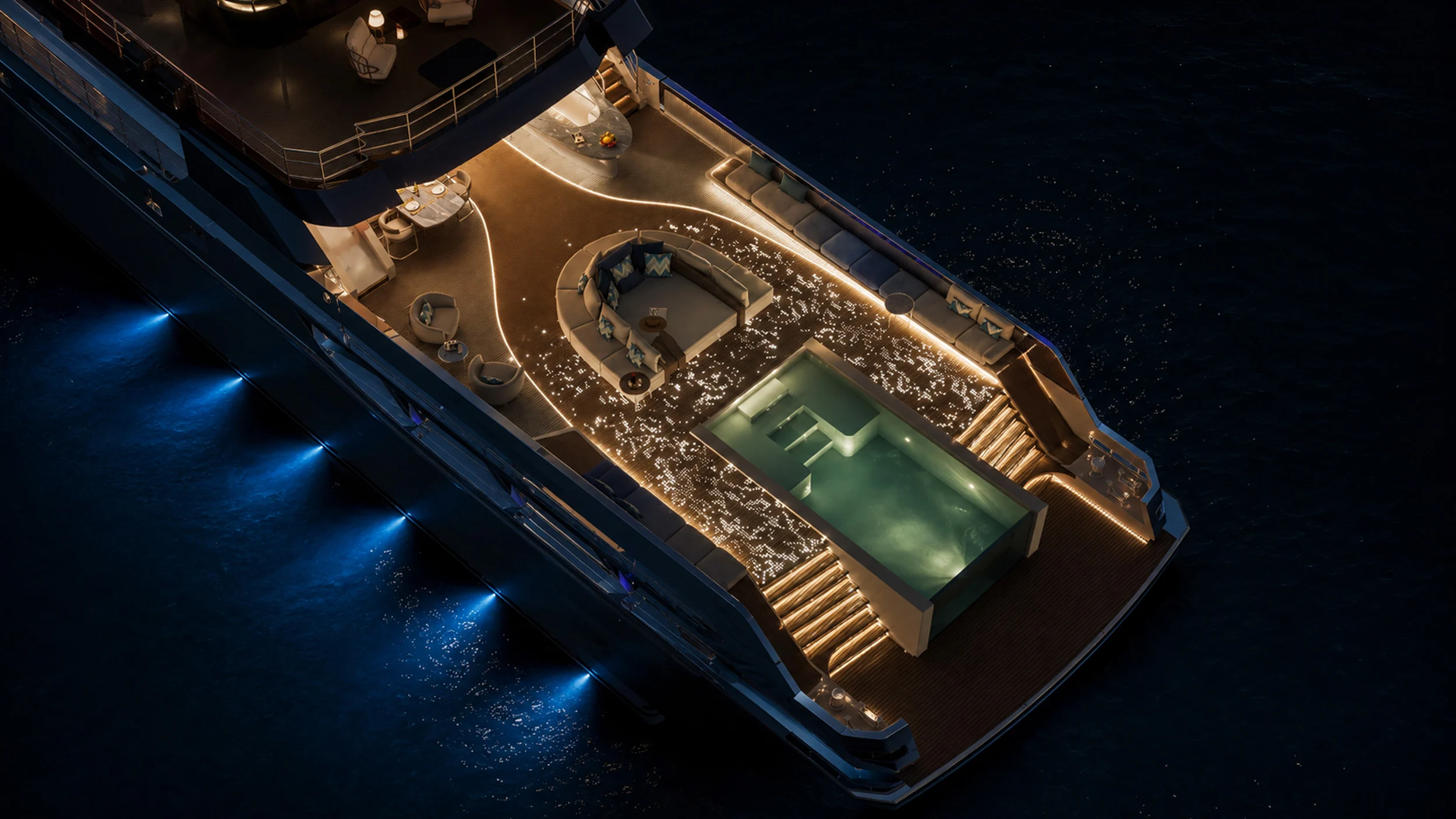 Render of the aft deck from above at night: glowing pool, lit decking and blue lights along the hull – Morricone Reloaded, Flexplorer 146, 2026 – yacht interior design competition