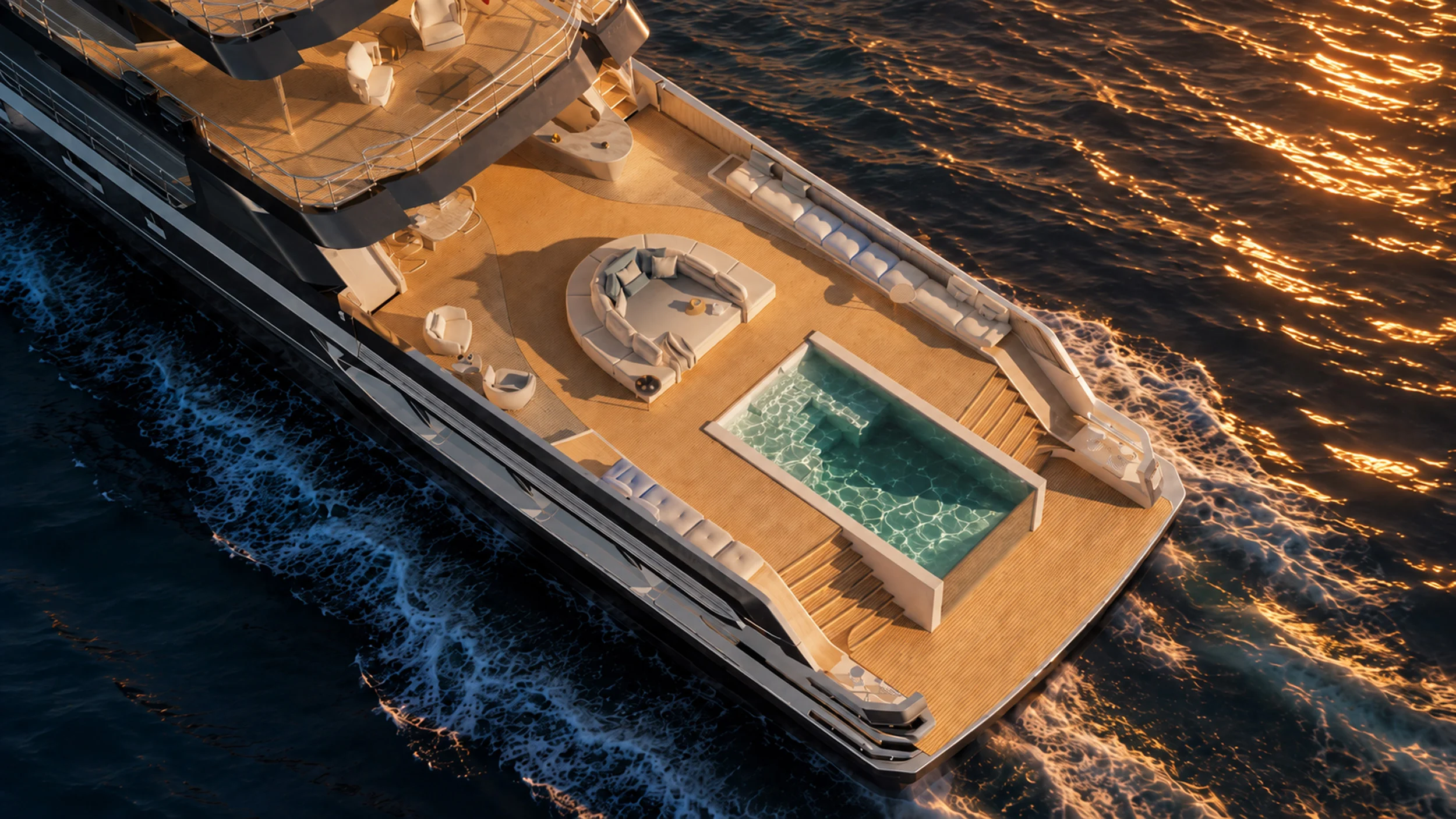 Render of the yacht's aft deck from above at sunset: pool, round sofa and teak decking over the wake – Morricone Reloaded, Flexplorer 146, 2026 – yacht interior design competition