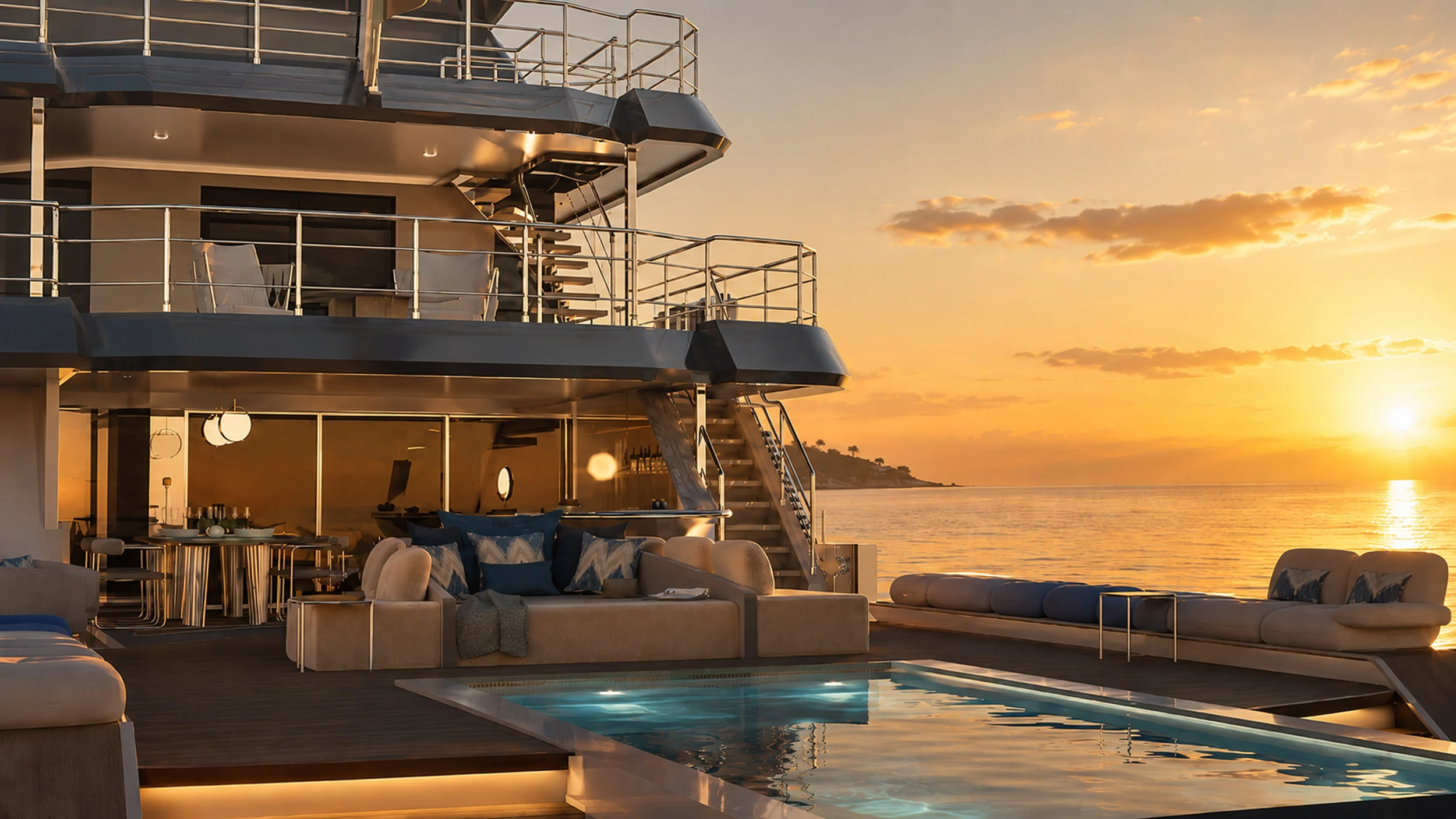 Render of the aft deck lounge at sunset, sofas facing the pool with the sea and setting sun beyond – Morricone Reloaded, Flexplorer 146, 2026 – yacht interior design competition